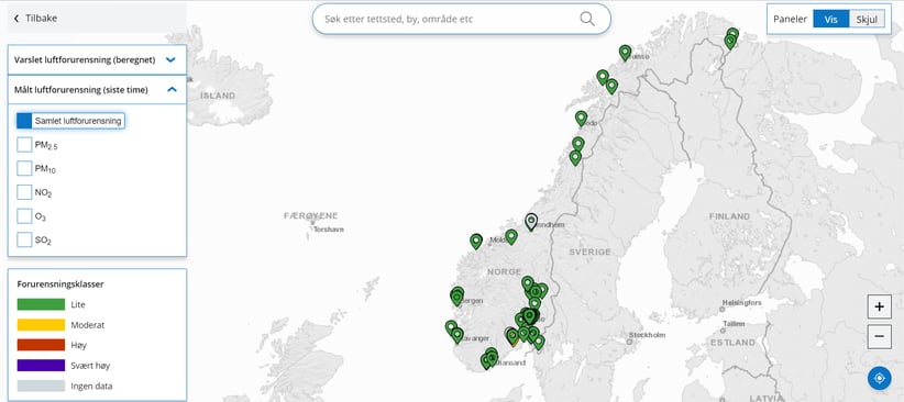 Kart som viser hvor vi har målestasjoner i Norge.