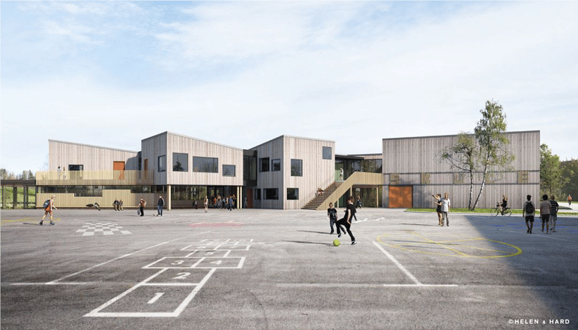 Illustrasjon av skolen. Utvendig.