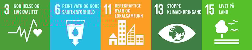 Ikoner for relevante bærekraftsmål frå FN
3 God helse og livskvalitet
6 Reint vatn og gode sanitærforhold
11 Berekraftige byer og lokalsamfunn
13 Stoppe klimaendringene
15 Livet på land