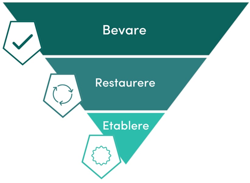 Figur 1: Hierarki av kategorier av naturbaserte løsninger. Figuren viser hvordan bevaring av eksisterende økosystem er prioritert over restaurering og etablering av nye tiltak.