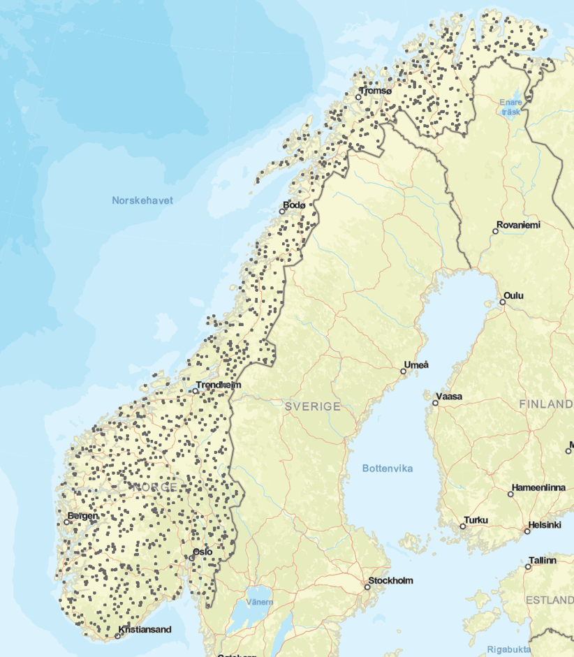 Kartet viser overvåkingsflatene i Norge.