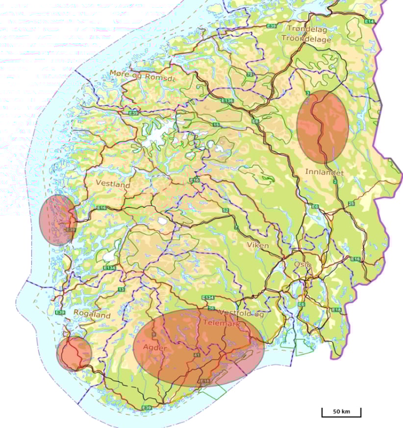 Norgeskart som viser områder der hubro overvåkes.