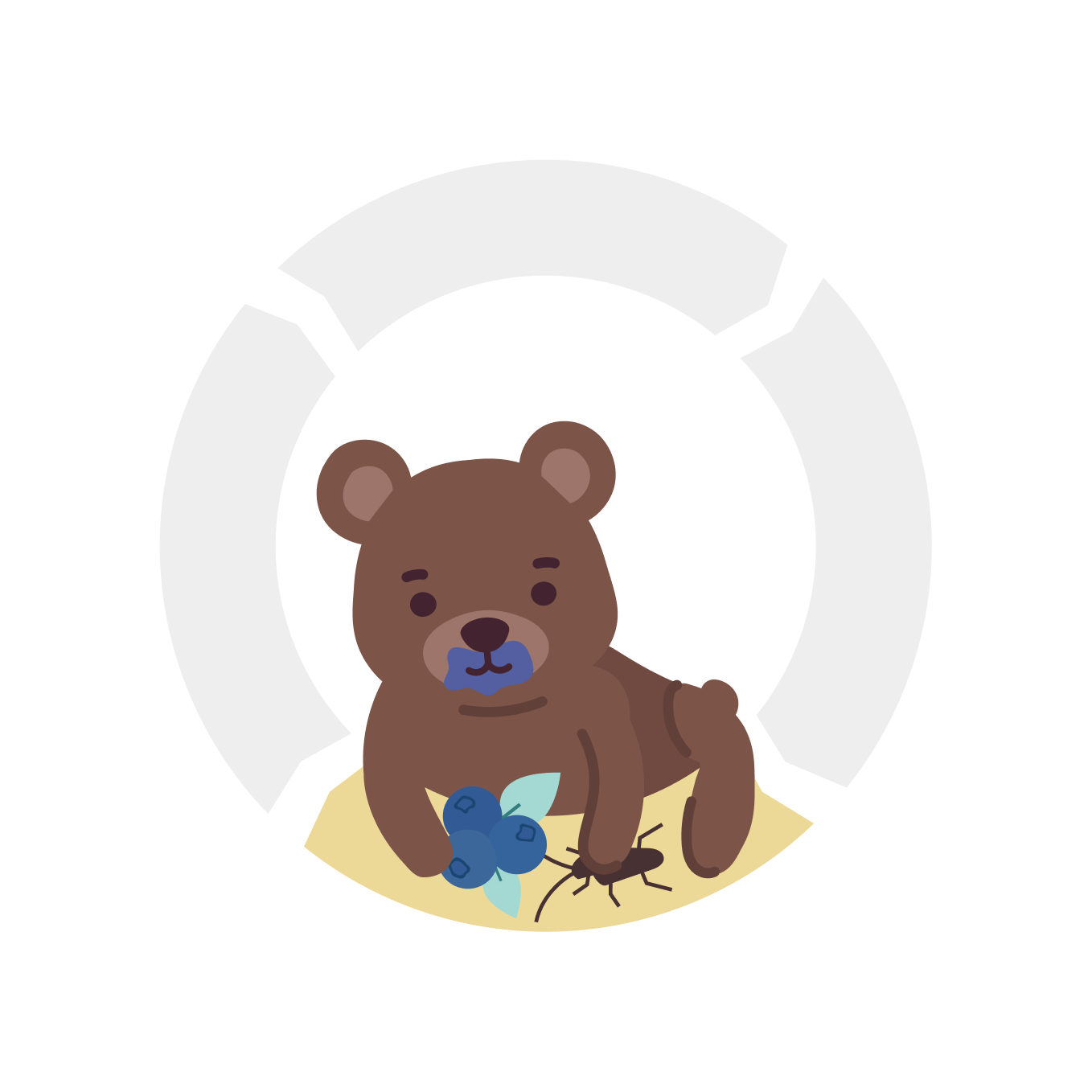 A cute brown bear cub with a blueberry-stained mouth sits on a yellow mat with blueberries and an ant.
