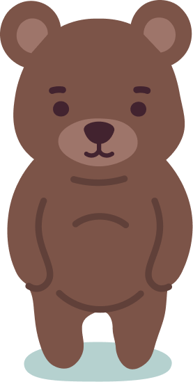 A cute cartoon brown bear standing upright on a blue-green patch, looking directly ahead.