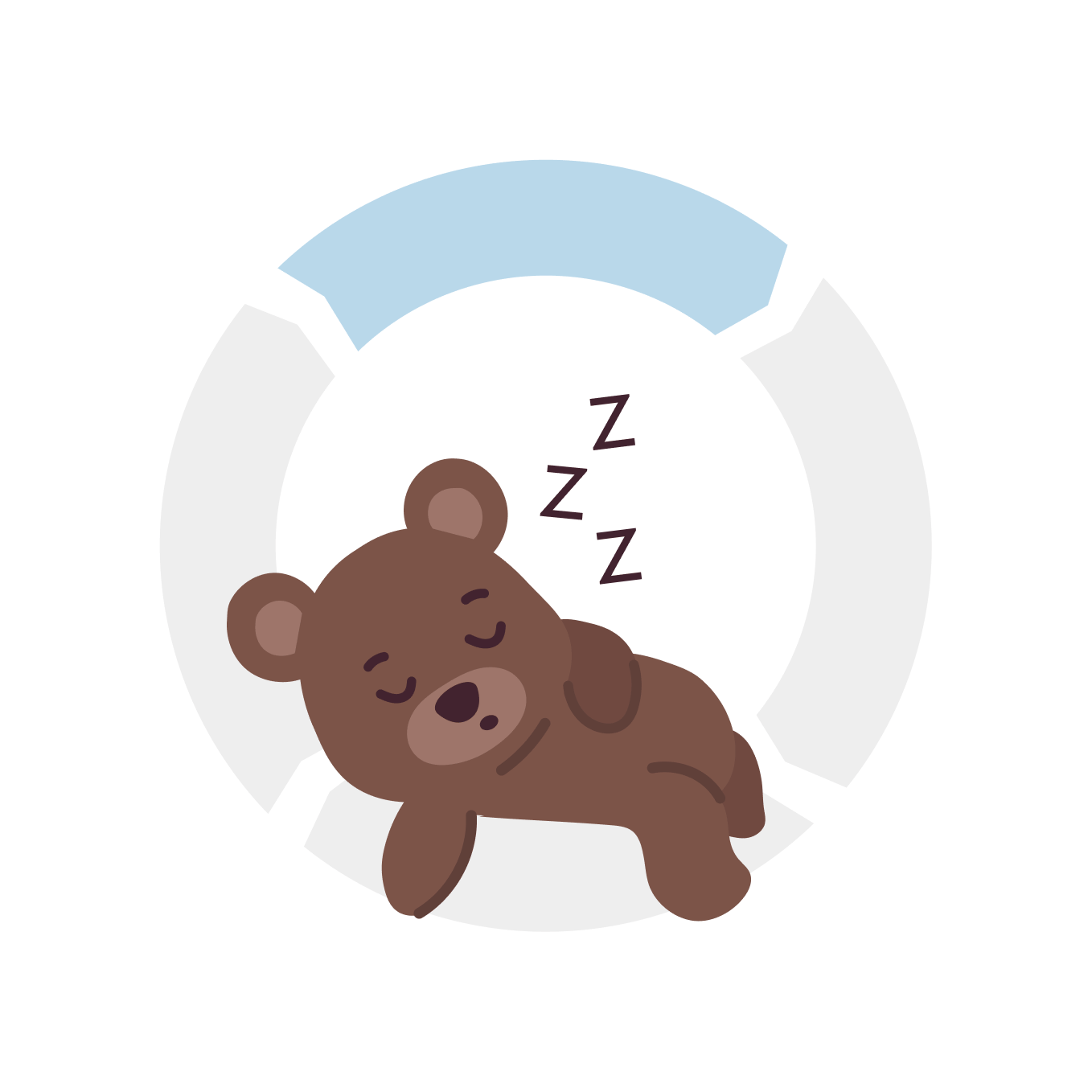 A cute brown bear cub is sleeping soundly, with "Z"s indicating sleep, inside a circular diagram.