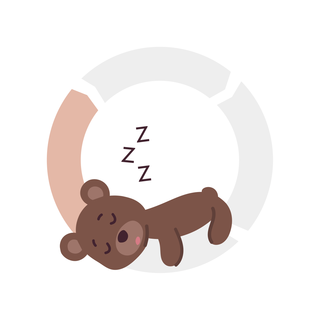 Cartoon brown bear sleeping peacefully on its side with "Zzz" floating above, inside a circular design.