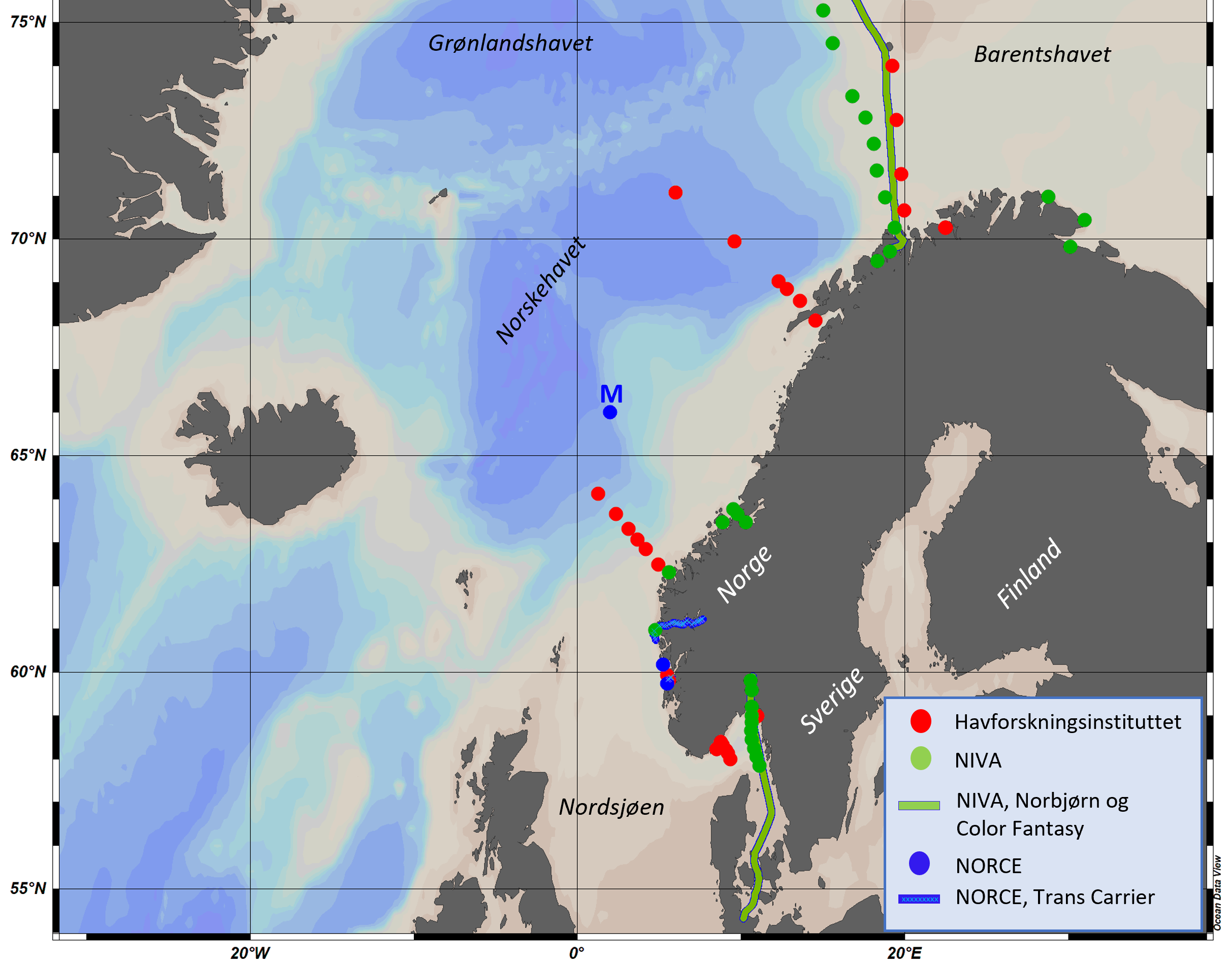 Kart over målestasjoner i havet utenfor Norge som måler havforsuring.