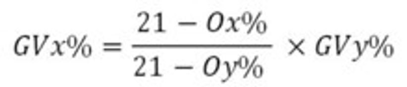 Omregning til samme O2-referanse gj&oslash;res ved hjelp av f&oslash;lgende formel